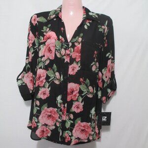 NWT IZ Byer Blouse Women M Lightweight Floral Button Down Adjustable Sleeve